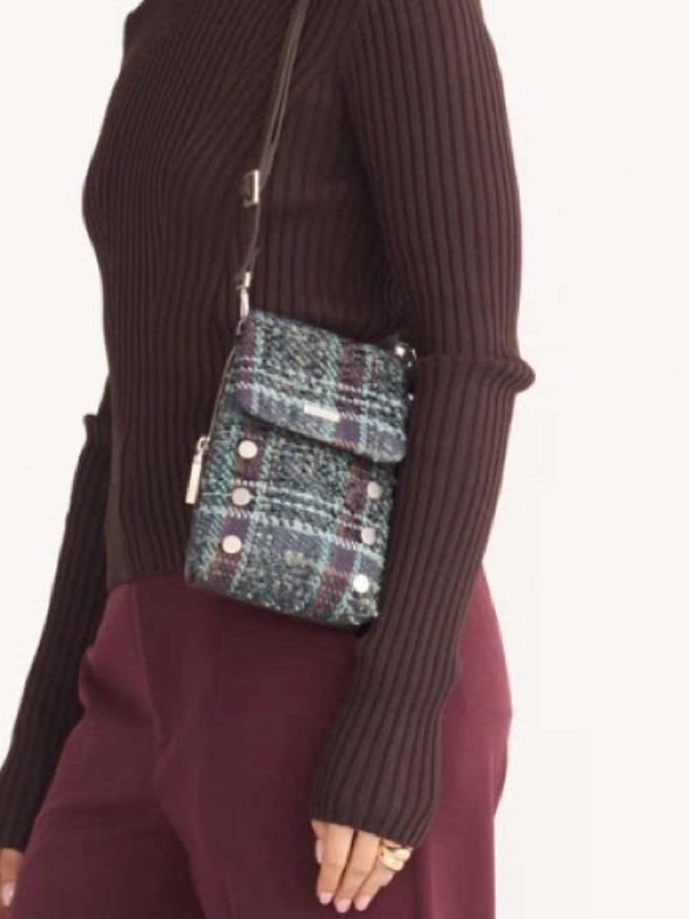 Hammitt Blue and Brown Tweed and Brown Leather VIP Mobile Crossbody Bag - Picture 4 of 12